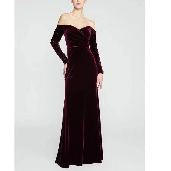NEW $745 THEIA ANITA OFF THE SHOULDER VELVET GOWN DRESS IN CRIMSON ROSE SIZE 4 - Picture 1 of 10